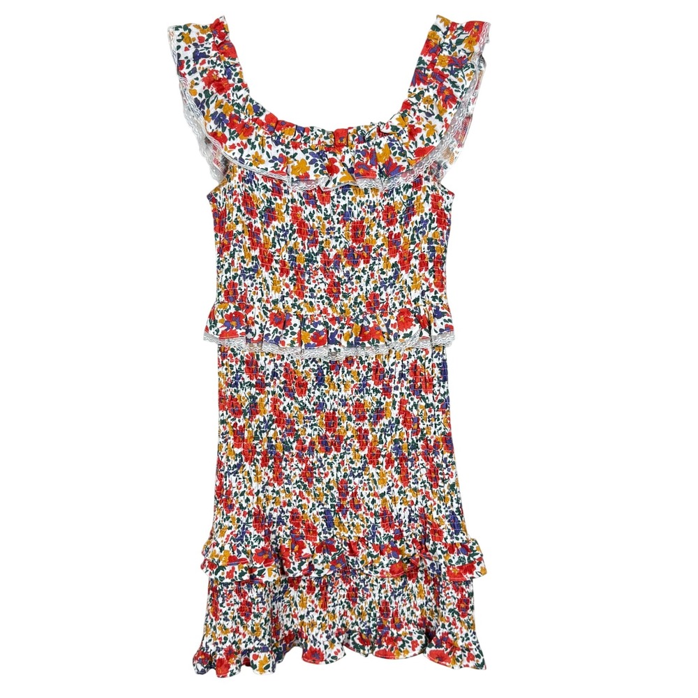 ASTR The Label Floral‎ Smocked Mini Dress Ruffle Lace Trim ADR100611 Womens M